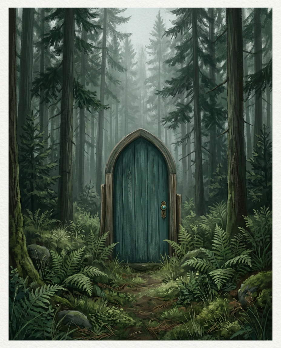 A closed teal wooden door standing alone in a misty pine forest. Generated illustration.